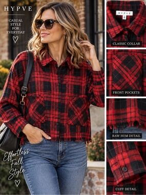 HYFVE Red & Black Plaid Cropped Button-Front Jacket Size Medium
